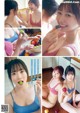 A collage of photos of a woman in a bikini eating fruit.