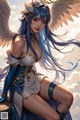 A woman with long blue hair and angel wings sitting on a wall.